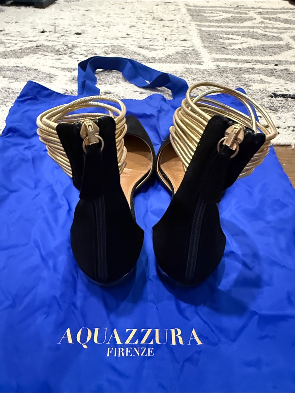 Aquazzura Black Suede Pointed Toe Flats with Gold Ankle Wraps - Picture 2 of 6